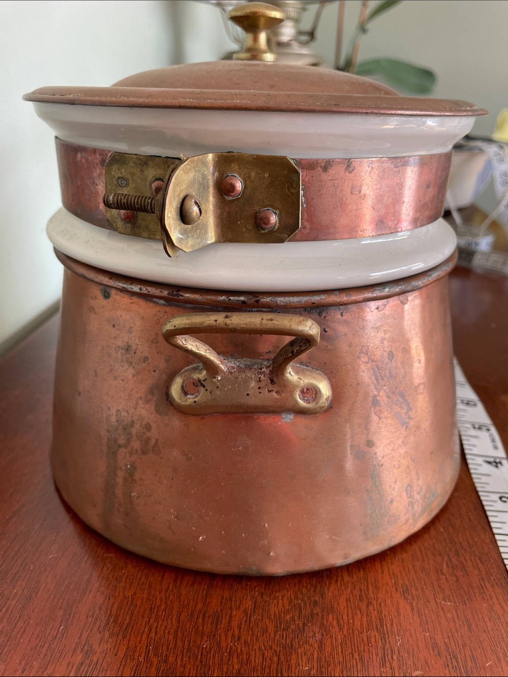 Vintage Hall 1084 Ceramic and Copper Double Boiler Brass Handles 3 Piece Set - Picture 12 of 14